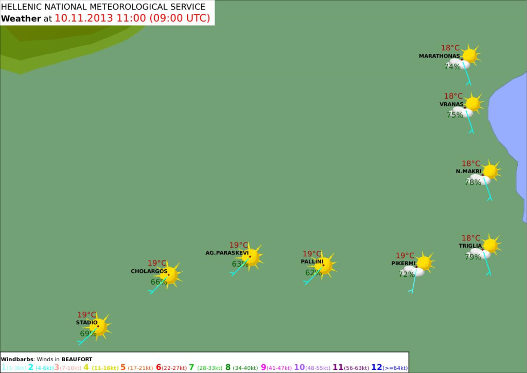 Χάρτης πρόγνωσης καιρού Κυριάκη 10.10.13 ώρα 11.00