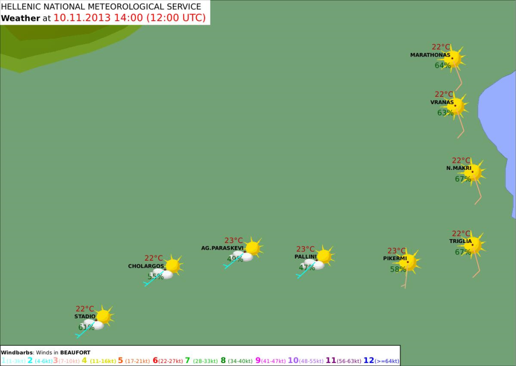 Χάρτης πρόγνωσης καιρού Κυριάκη 10.10.13 ώρα 14.00